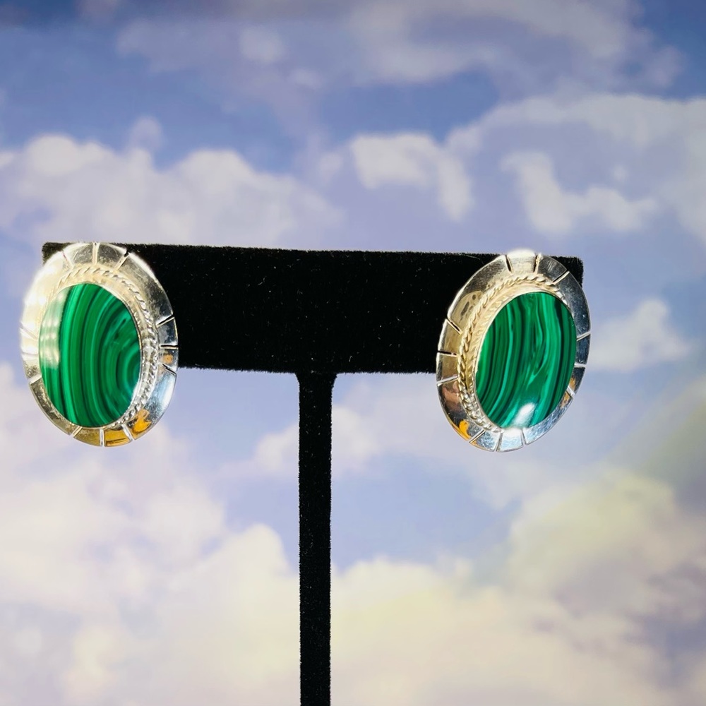 Substantial Malachite and Sterling Silver Earrings. FREE Shipping